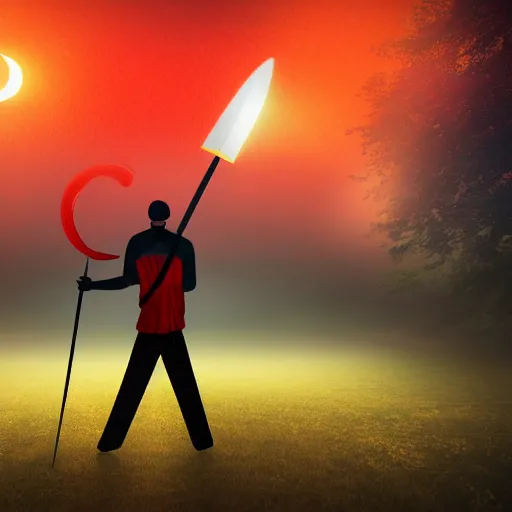 Image similar to golden man holding a sword obsidian sword sword on fire (Foggy forest backdrop) (red crescent moon) (white fog)