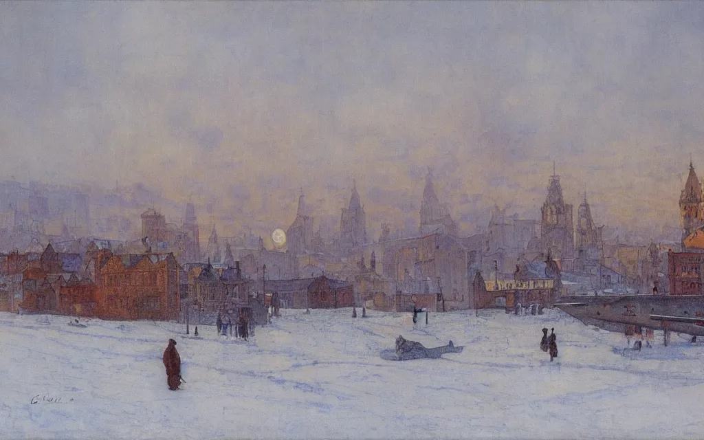 Image similar to a painting of large airship over a city church in winter, pale sun, mist, oil on canvas, by carl larsson