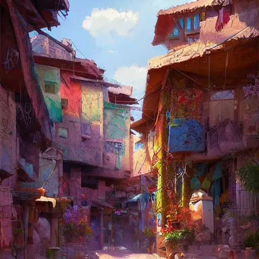 Image similar to colorful Kurdish village, anime, a fantasy digital painting by Greg Rutkowski and James Gurney, trending on Artstation, highly detailed