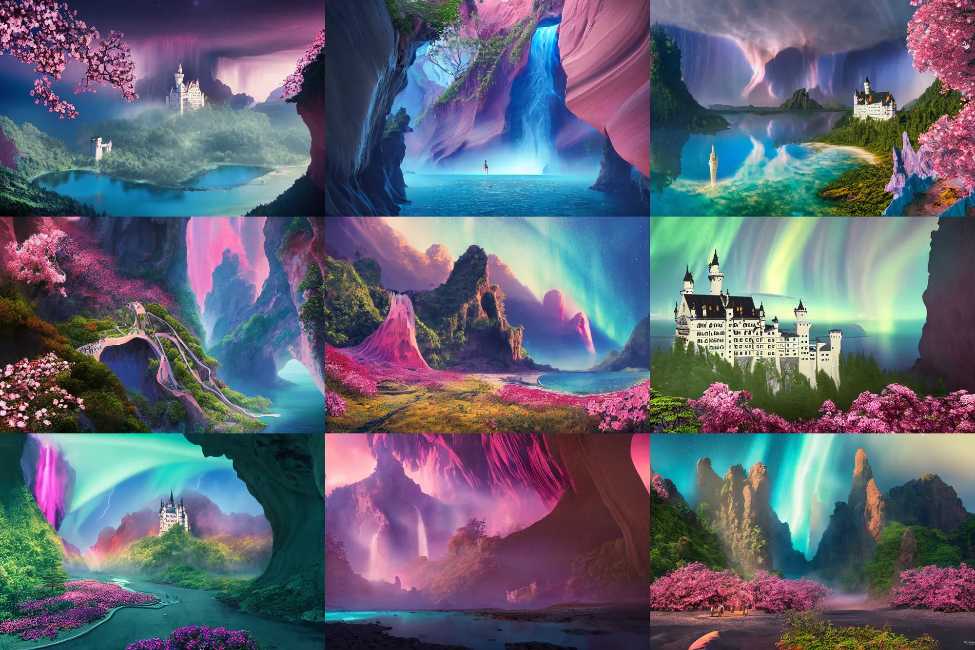 Prompt: neuschwanstein castle on holokalani black beach of maui in royal blue antelope canyon during sakura season on an interstellar aurora borealis with heavy thunder and lightning, pink waterfalls, flowers, by peter mohrbacher, james jean, james gilleard, greg rutkowski, vincent di fate, rule of thirds, octane render, beautiful landscape