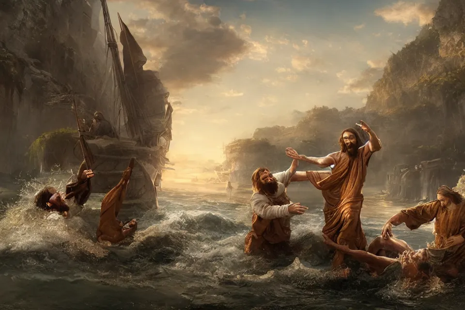 Image similar to An epic matte painting of Jesus saving Petrus in the Water, beautiful, stunning, gorgeous, 4k resolution, professional digital art, by wlop and George Rutkowski, f16, intricate