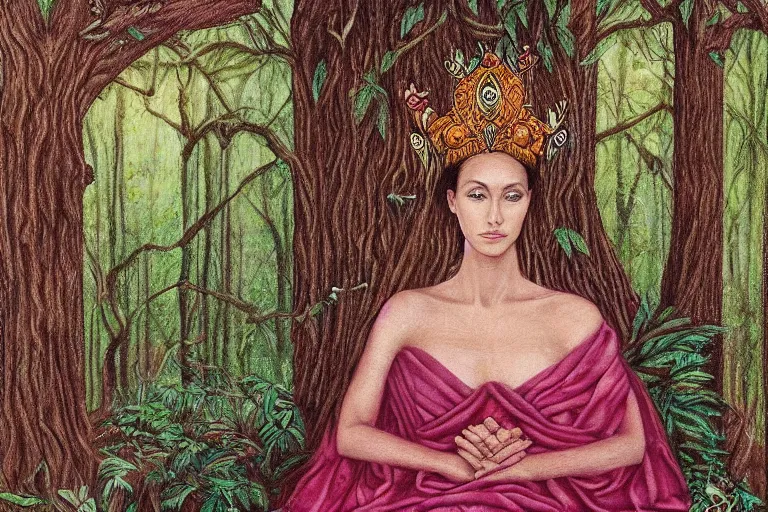 Image similar to a calm beautiful queen sitting in the forest by amanda sage, portrait,