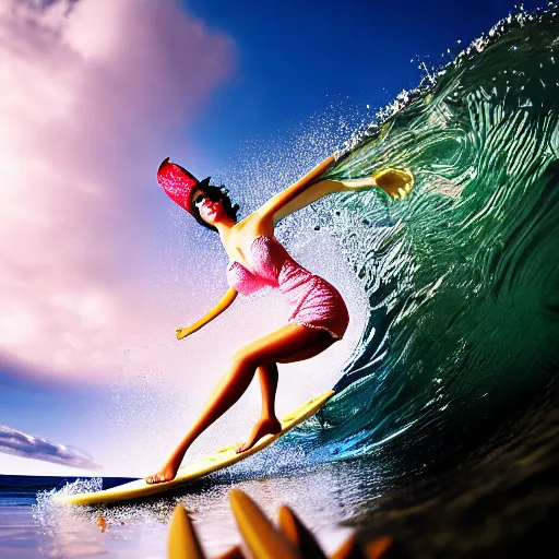 Prompt: award wining photo of a woman dressed in cocktail dress, hat, and heels on a surfboard riding a wave, very detailed, accurate face, 4 k, dramatic pose