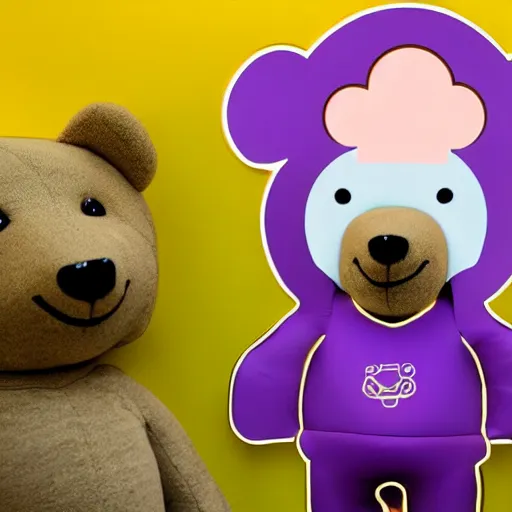 Image similar to cartoon bear wearing clothes being launched out of a futuristic machine into a purple and orange cloud land