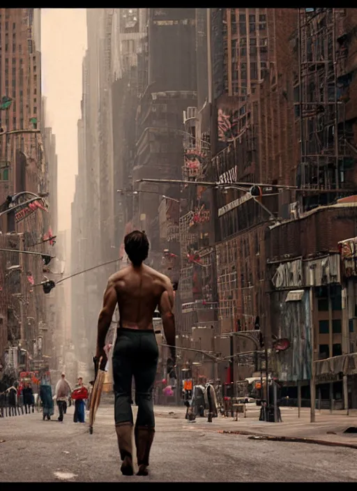 Image similar to film still, tarzan walk on the street of new york, post apocalyptic, symmetrical, 8 k, half body shot