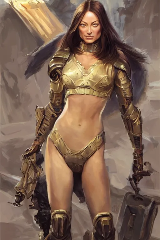 Image similar to a professional painting of a young Olivia Wilde, clothes in military armor, olive skin, long dark hair, beautiful bone structure, symmetrical facial features, intricate, elegant, digital painting, concept art, smooth, sharp focus, illustration, from StarCraft by Ruan Jia and Mandy Jurgens and Artgerm and William-Adolphe Bouguerea