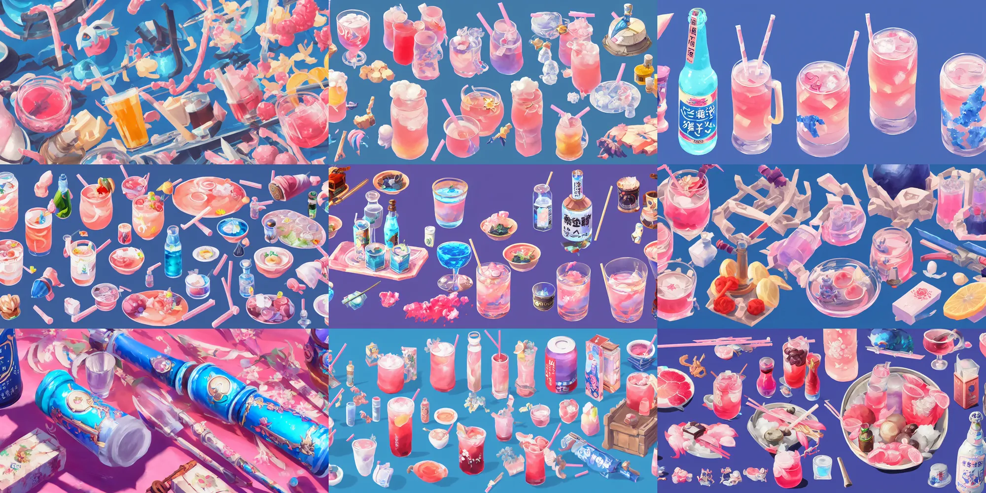 Prompt: game asset of close up japanese drinks, in gouache detailed paintings, props, stylized, 2 d sprites, kitbash, arcane, overwatch, blue and pink color scheme, 8 k, close up