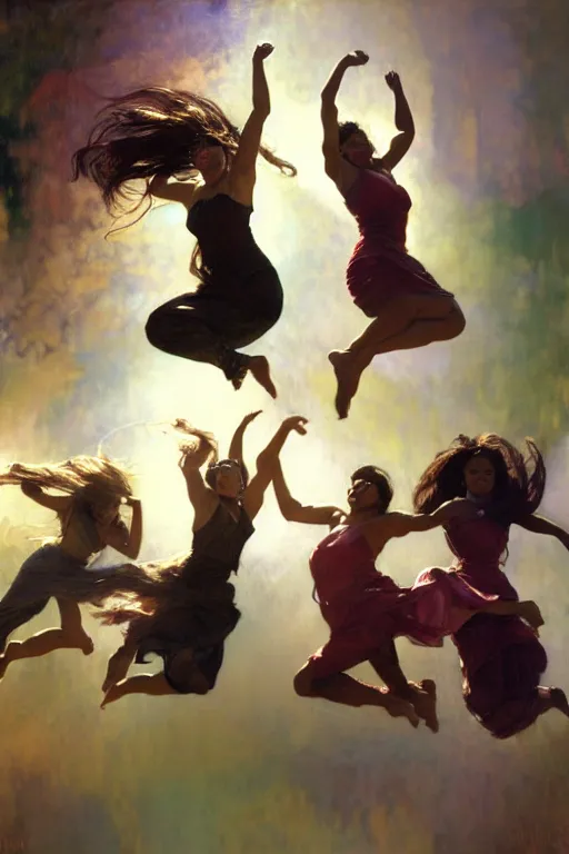 Prompt: hyperrealist group photo of 4 women of various ethnic backgrounds jumping together. by jeremy mann and alphonse mucha, fantasy art, photo realistic, dynamic lighting, artstation, poster, volumetric lighting, very detailed faces, 4 k, award winning