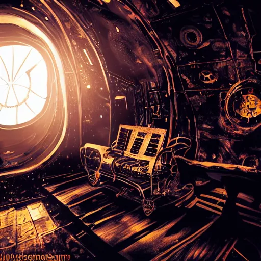 Prompt: Liminal space in outer space, steampunk, dramatic lighting