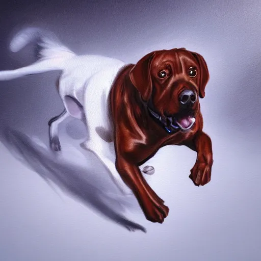 Prompt: a dog running, traditional painting, artstation, optical illusion