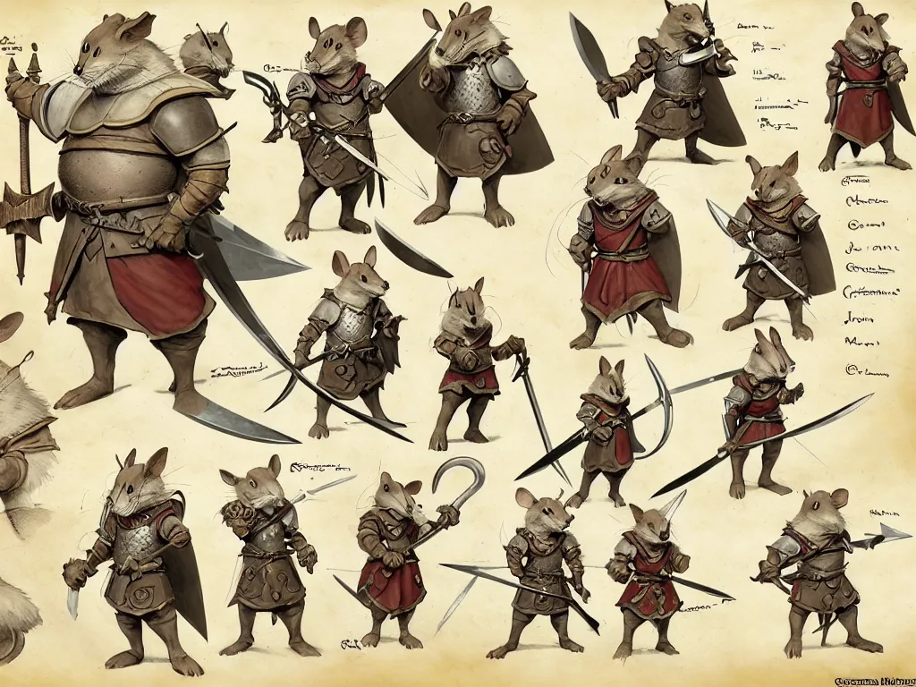 Image similar to character design sheet for a heroic mouse knight with sword and shield on a parchment background, redwall, greg rutowski and jean baptiste monge, very very detailed, epic fantasy concept art