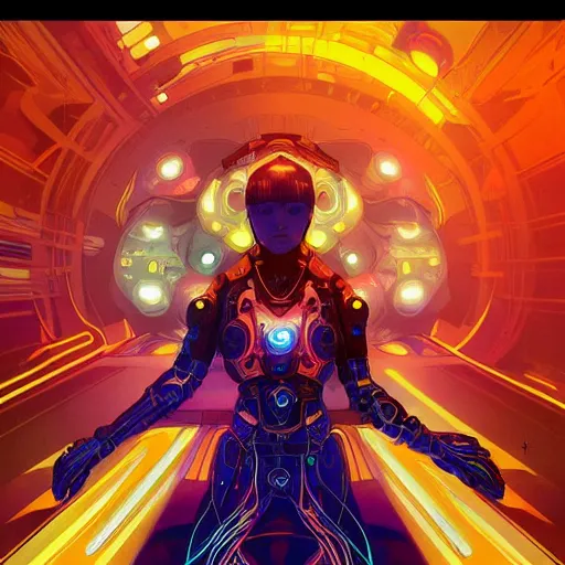 Image similar to symmetry! abstract futuristic robotic, psychedelic fractal looming background, apex legends, epic lighting, illustration black outlining, ultra detailed, art by artgerm and greg rutkowski and alphonse mucha