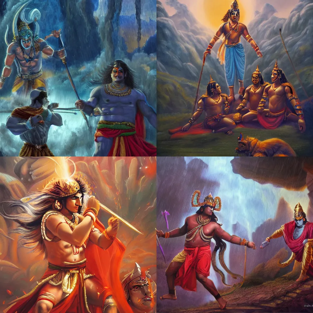 Prompt: an epic cinematic scene from Ramayan, by DC Comics, oil on canvas, trending on ArtStation, detailed, 8K, HDR, HD,