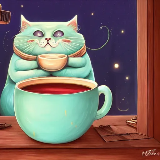 Image similar to angry fat cat full of rage drinking tea, by cyril rolando and naomi okubo and dan mumford and ricardo bofill, HD, 4k