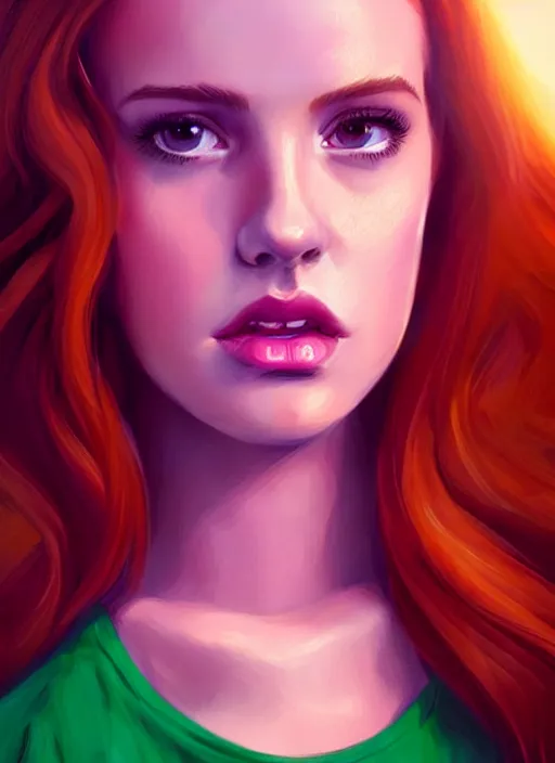 Image similar to full body portrait of teenage cheryl blossom, bangs, green eyes, sultry expression, red hair, sultry smirk, bangs and wavy hair, pink skirt, intricate, elegant, glowing lights, highly detailed, digital painting, artstation, concept art, smooth, sharp focus, illustration, art by wlop, mars ravelo and greg rutkowski