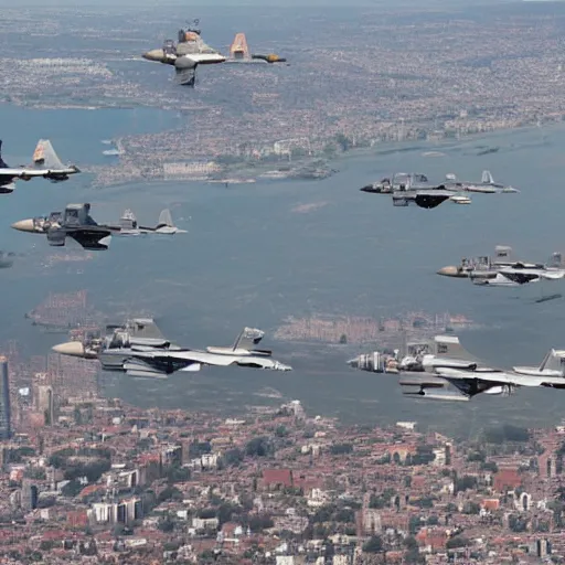 Image similar to fighter jets flying through a city