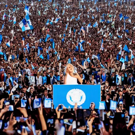 Image similar to Lady Gaga as president, Argentina presidential rally, Argentine flags behind, bokeh, giving a speech, detailed face, Argentina