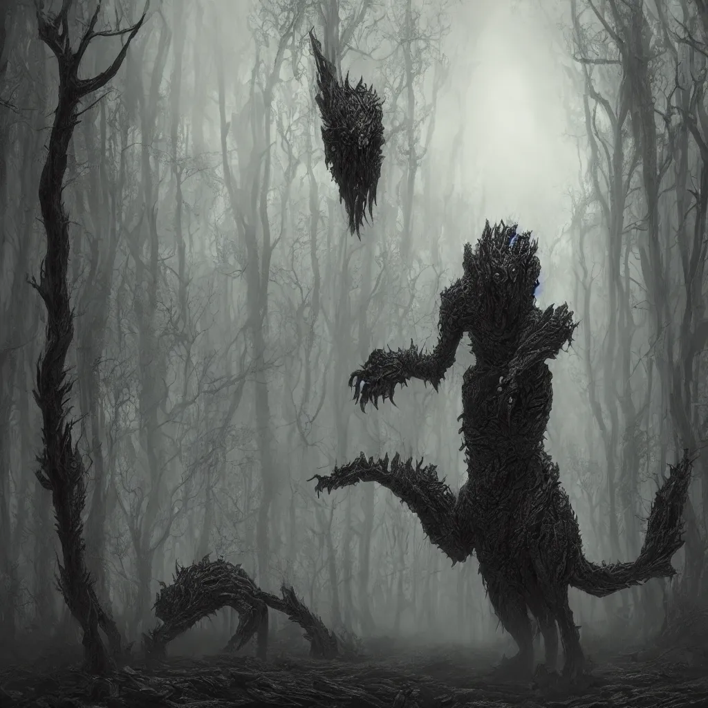 Prompt: Photorealistic giant nightmare creature in the ominous foggy woods in the style of Michael Whelan and Gustave Dore. Hyperdetailed photorealism, epic scale, misty, 108 megapixels, amazing depth, glowing rich colors, powerful imagery, psychedelic Overtones, 3D finalrender, 3d shading, cinematic lighting, artstation concept art