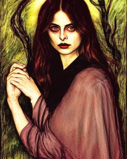 Prompt: style of dante rossetti : : gorgeous willa holland : : evil witch, swirling black magic : : symmetrical face, symmetrical eyes : : full body pose : : gorgeous black hair : : magic lighting, low spacial lighting : :