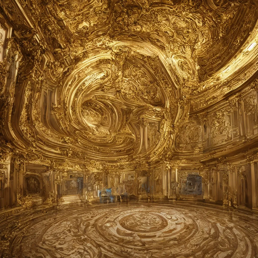 Image similar to an incredibly smooth curvilinear neo baroque interior architectural modern design, a golden pool on the ground, visually highly satisfying architecture render