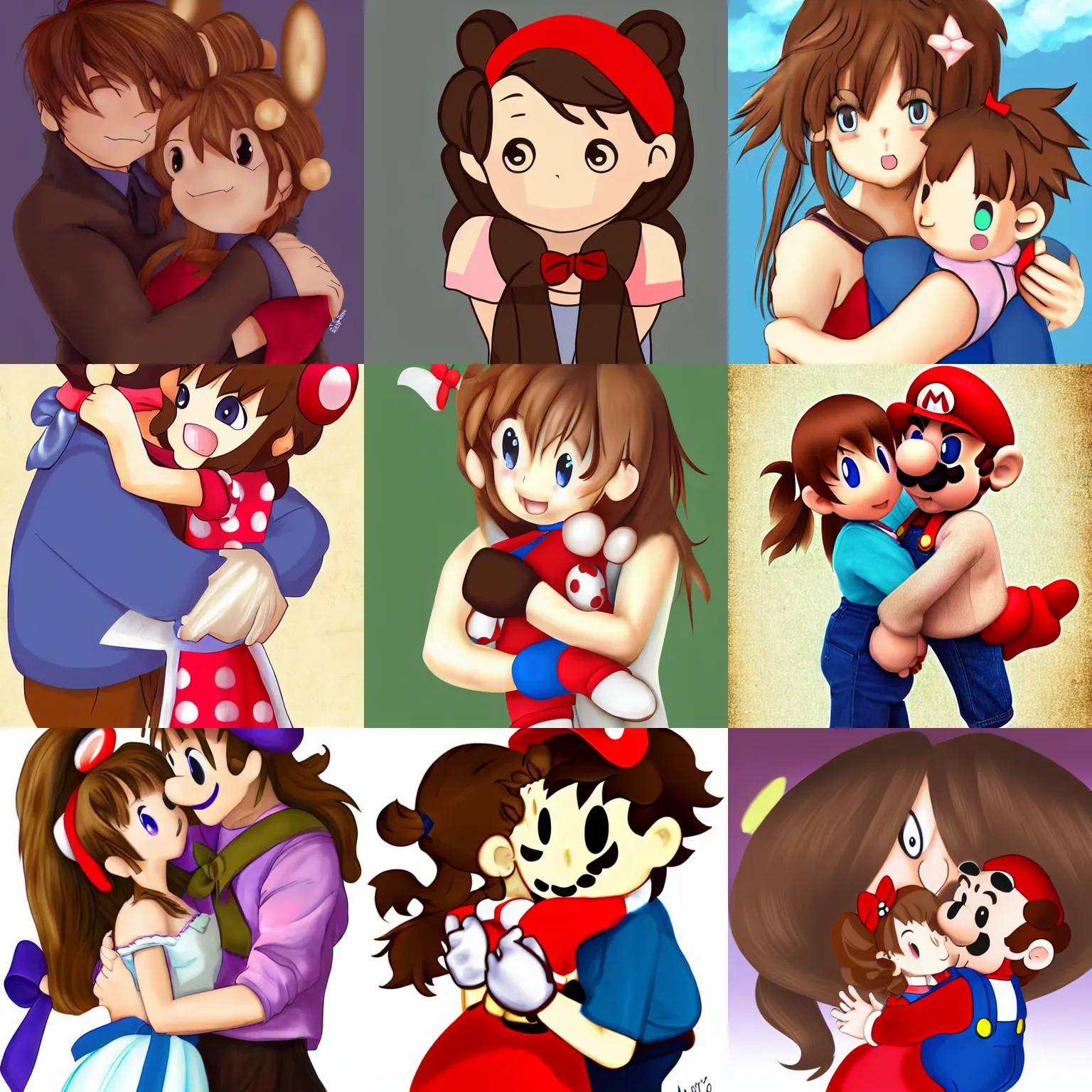 Prompt: cute light - brown haired anime girl with a bow in her hair hugging mario, digital art