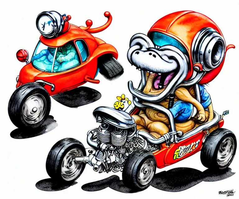 Image similar to cute and funny, monkey : : wearing a helmet : : riding in a tiny hot rod with oversized engine, ratfink style by ed roth, centered award winning watercolor pen illustration, isometric illustration by chihiro iwasaki, edited by range murata, tiny details by artgerm, symmetrically isometrically centered