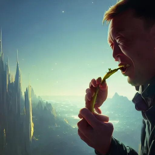 Image similar to elon musk eating a pickle, highly detailed vfx portrait, unreal engine, greg rutkowski, loish, rhads, caspar david friedrich, makoto shinkai and lois van baarle, ilya kuvshinov, rossdraws, elegent, tom bagshaw, alphonse mucha, global illumination, detailed and intricate environment.