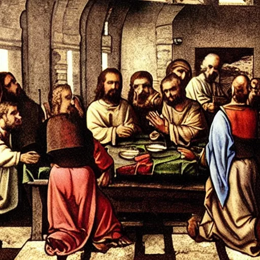 Prompt: jesus is the disk jockey at the last supper