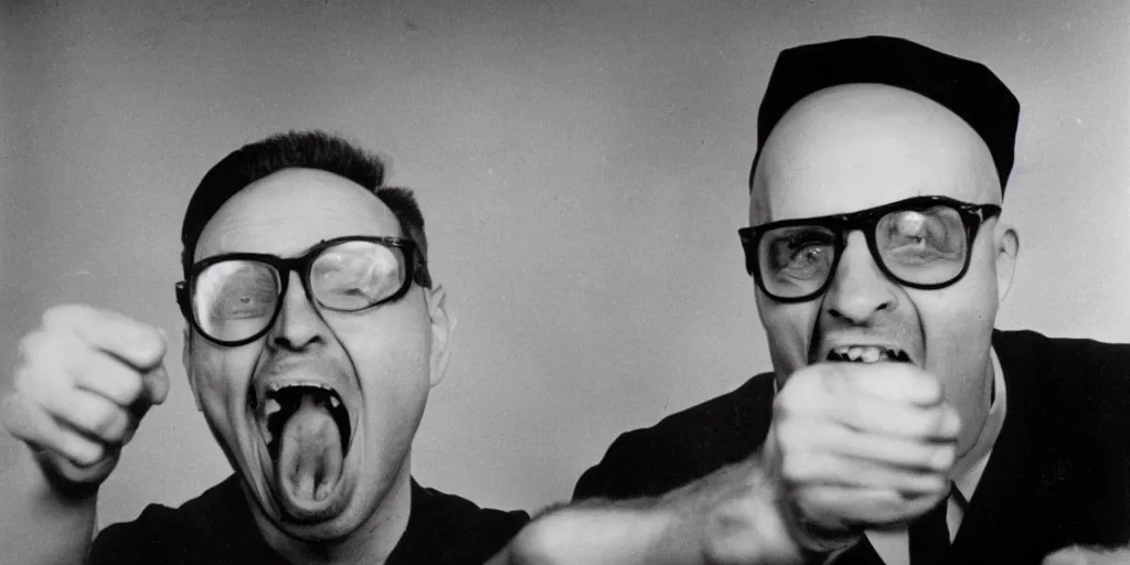 Prompt: completely solid white black and white bald man with stubble and glasses and his mouth wide open in excitement, pointing at a nuclear explosion, 3 5 mm photograph, 1 9 6 3 black and white photograph