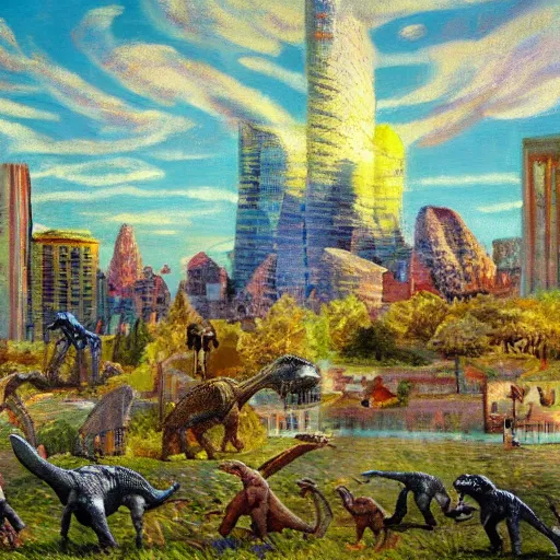 Image similar to impressionist painting of a utopian stone city with dinosaurs