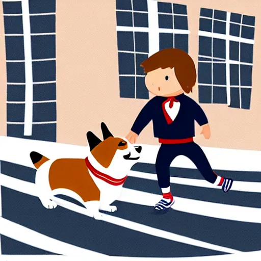 Image similar to illustration of boy playing football with a corgi wearing a polkadot scarf on the streets of paris