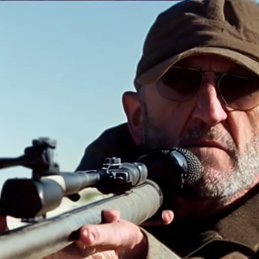 Image similar to Film still of Mike Ehrmantraut in American Sniper aiming with a sniper rifle, 4k, highly detailed