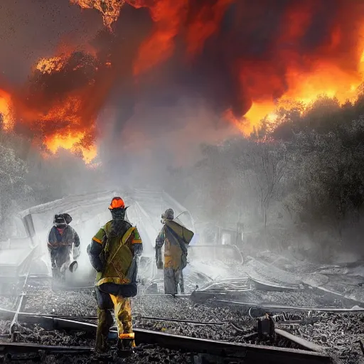 Image similar to a person at a trainwreck, devastation on the railroad, atmospheric smoke and fog, fire and flames, post-apocalyptic, Cinematic horror, high detail, 4k