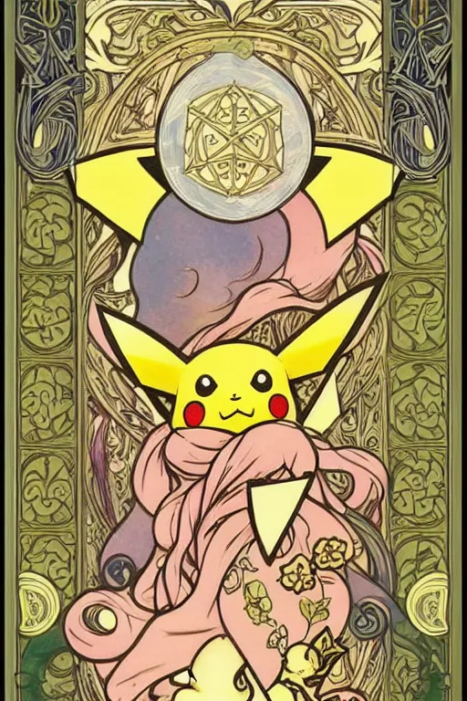 Image similar to Pikachu tarot card, art nouveau style, painterly, digital art, ornate borders, intricate details, dream atmosphere, light toned, pastel colors, cute, adorable, concept art, Pixiv, Deviantart, Behance, trending on artstation, by Naoki Saito and James jean and James Gurney and Alphonse Mucha