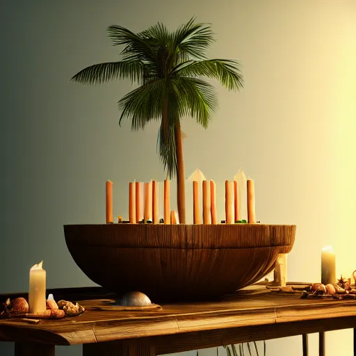 Prompt: a large vase with palms on top of a antique wooden table, vegetables on table and candle, medieval old concept art, cinematic lightning and colors, vray tracing, rendered in unreal engine, dark lightning, contrast shadows, super detailed, 8 k