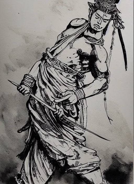 Prompt: a buddhist warrior with a spear, by takehiko inoue and kim jung gi, masterpiece ink illustration