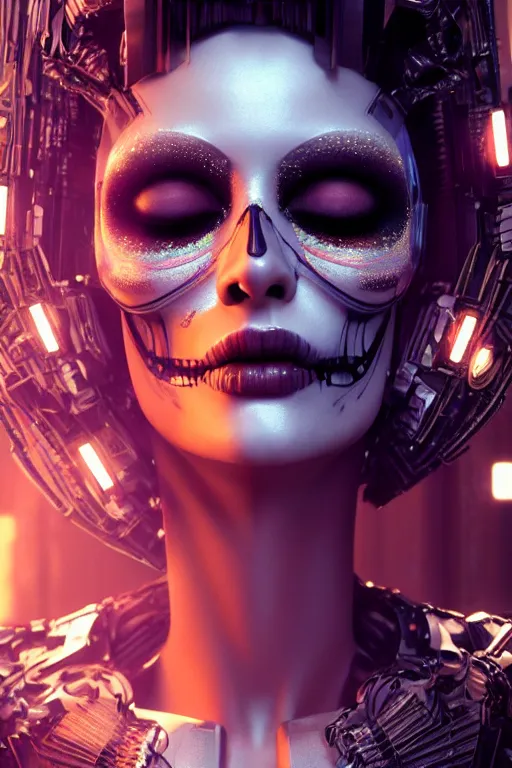 Prompt: beautiful android woman, crying eyes closed!, sharp, photorealistic cinematic, 3 d model, cyborg, postcyberpunk, blade runner, octane render, concept art, vogue, 8 k, intricate detailed environment el dia los muertos. by terry oneill and michael welan and giger