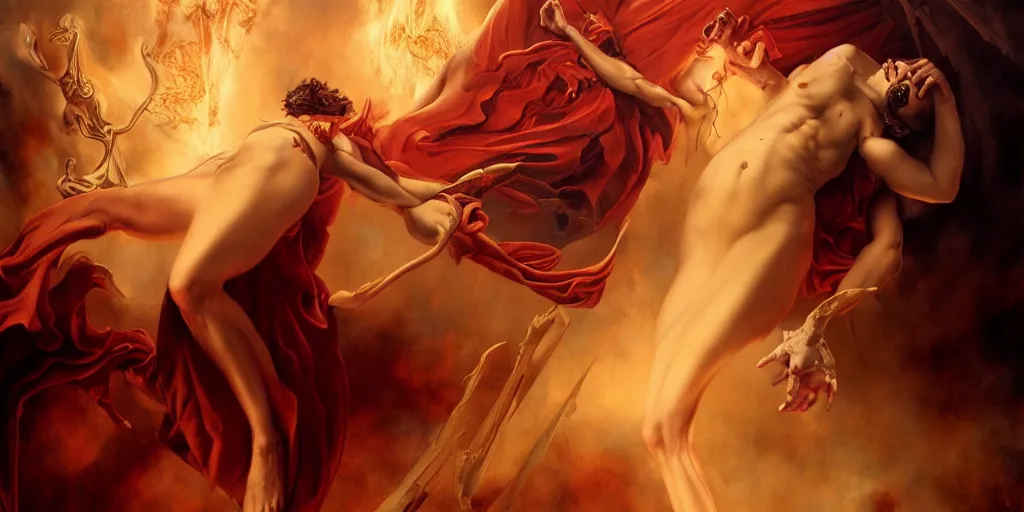 Image similar to Dante's Inferno, by Rolf Armstrong and Evelyn De Morgan and Bastien Lecouffe-Deharme, dramatic lighting, high contrast colors, baroque, empyrean, panoramic view, as trending on Artstation, highly detailed, doom engine,