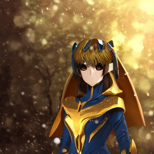 Image similar to focus face portrait of beautiful darkness knight 3D anime girl, posing, golden armor wearing, dark forest background, snowing, bokeh, inspired by Masami Kurumada, digital painting, high contrast, unreal engine render, volumetric lighting, high détail