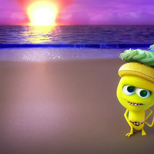 Image similar to 3 d octane render, of a hot anthropomorphic lemon female character inspired by the movie monsters inc, with lemon skin texture, she is wearing a hat, building a sandcastle on the beach at sunset, beach, huge waves, sun, clouds, long violet and green trees, rim light, cinematic photography, professional, sand, sandcastle, volumetric lightening