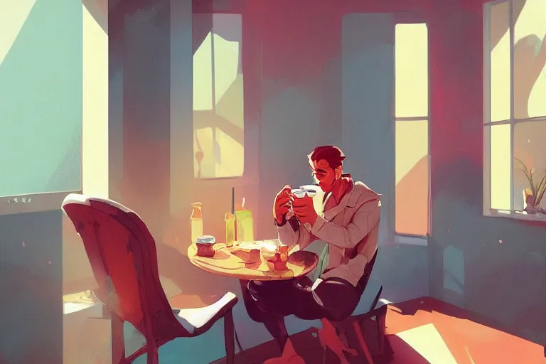 Prompt: a man having a cup of coffee in his house by the beach in the style of artgerm, charlie bowater, atey ghailan and mike mignola, vibrant colors and hard shadows and strong rim light, plain background, comic cover art, trending on artstation