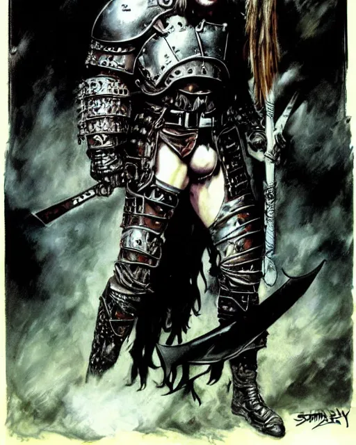 Image similar to portrait of a skinny punk goth wilford brimley wearing armor by simon bisley, john blance, frank frazetta, fantasy, thief warrior