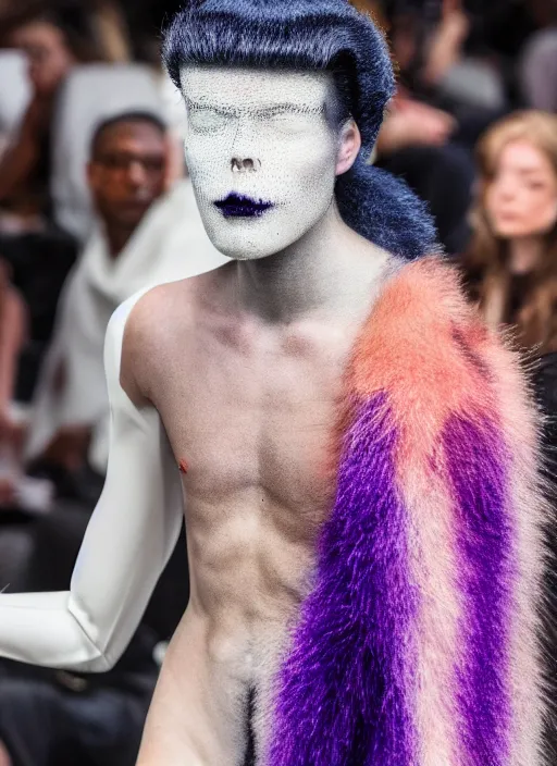 Image similar to hyperrealistic and heavy detailed off white avant garde runway show of thanos ( marvel comics ), leica sl 2 5 0 mm, vivid color, high quality, high textured, real life