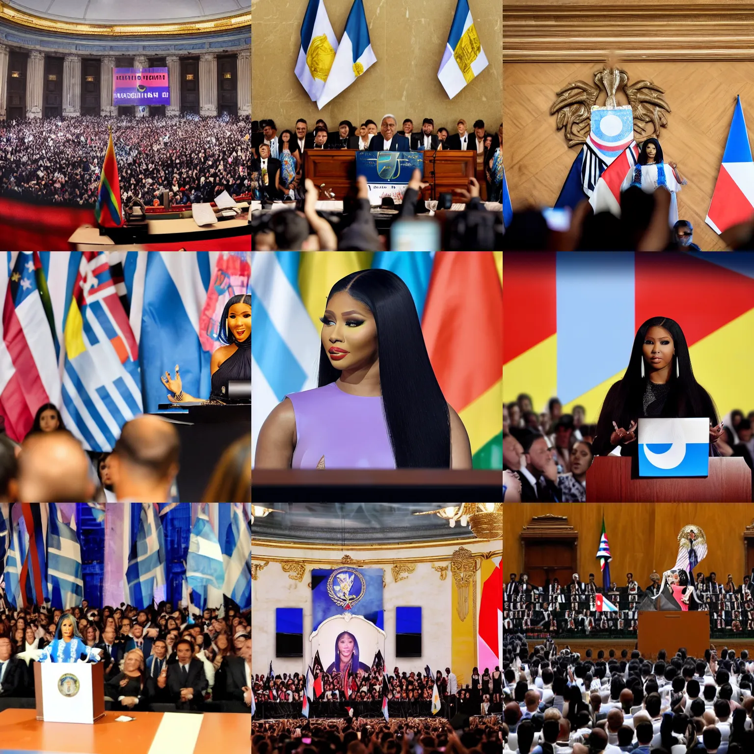 Prompt: A photo of Nicki Minaj delivering a speech, Argentina flags behind, in the Argentine Congress, background out of focus, hd picture, highly detailed