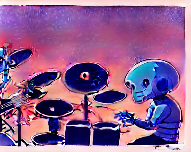 Prompt: a study of cell shaded cartoon of two aliens in a band playing a synthesizer and drums, subtle colors, post grunge, concept art by josan gonzales and wlop, by james jean, Victo ngai, David Rubín, Mike Mignola, Laurie Greasley, highly detailed, sharp focus, Trending on Artstation, HQ, deviantart, art by artgem