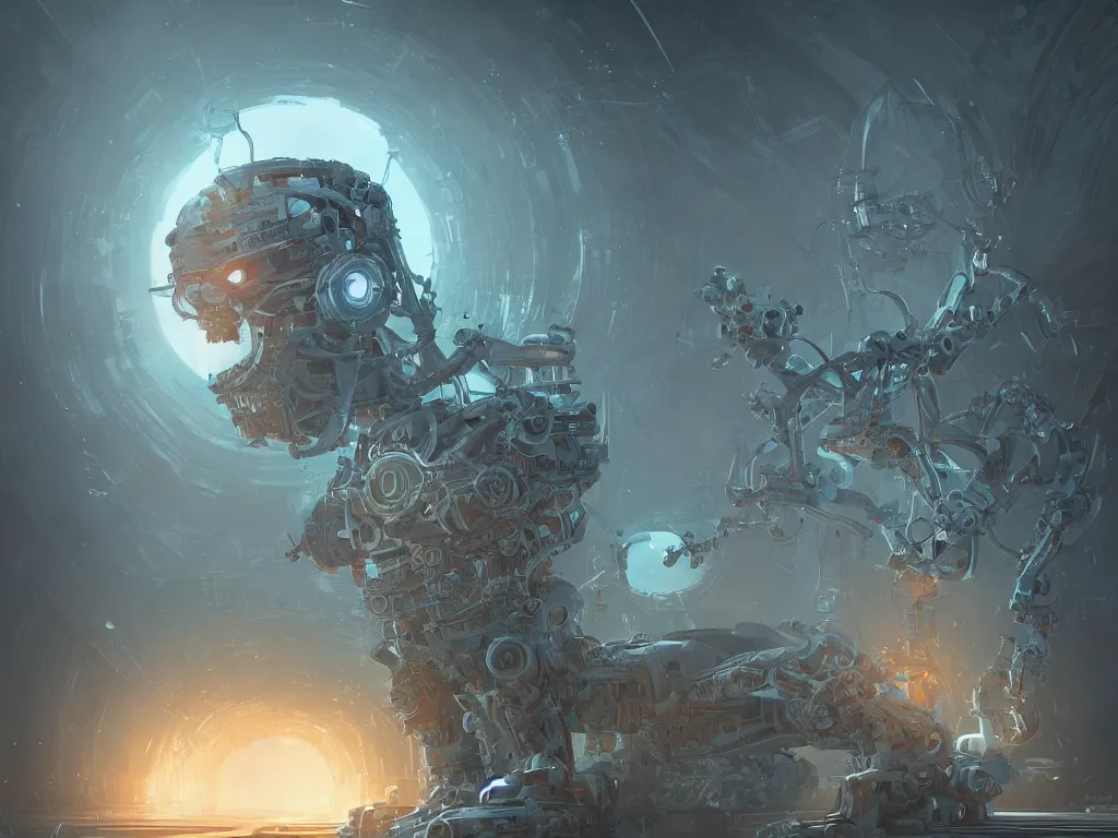 Prompt: An evil robot brain librarian, intricate, elegant, fantasy, highly detailed, digital painting, concept art, sharp focus, illustration, beautiful volumetric lighting, epic light, artstation, magic hour lighting, colorful, dramatic