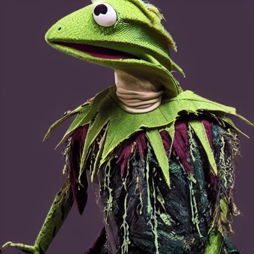 Image similar to kermit the frog as a skeksis in the dark crystal