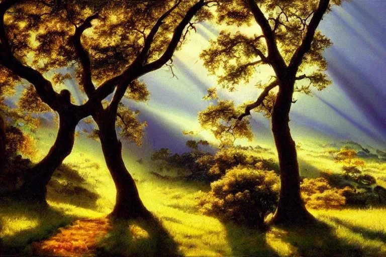 Image similar to masterpiece painting of oak trees on a hillside overlooking a creek, dramatic lighting with god rays, by marc davis