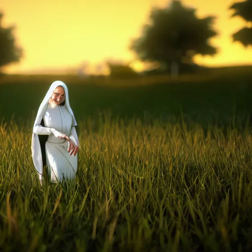 Prompt: praying mantis dressed like a nun, in the grass, sunset, unreal engine, photorealistic, ultra realistic, artstation, 4 k