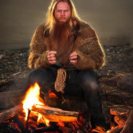 Prompt: viking in bear skin, around a campfire, photo